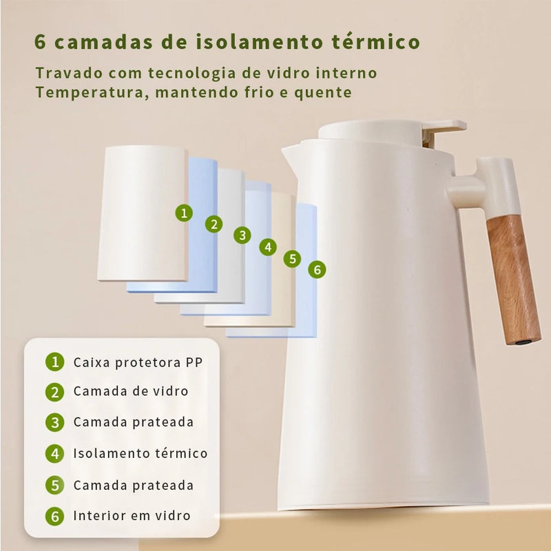 Garrafa Térmica 1 Litro Com Termômetro Led Para Chá/Café Design Moderno Cabo De Madeira